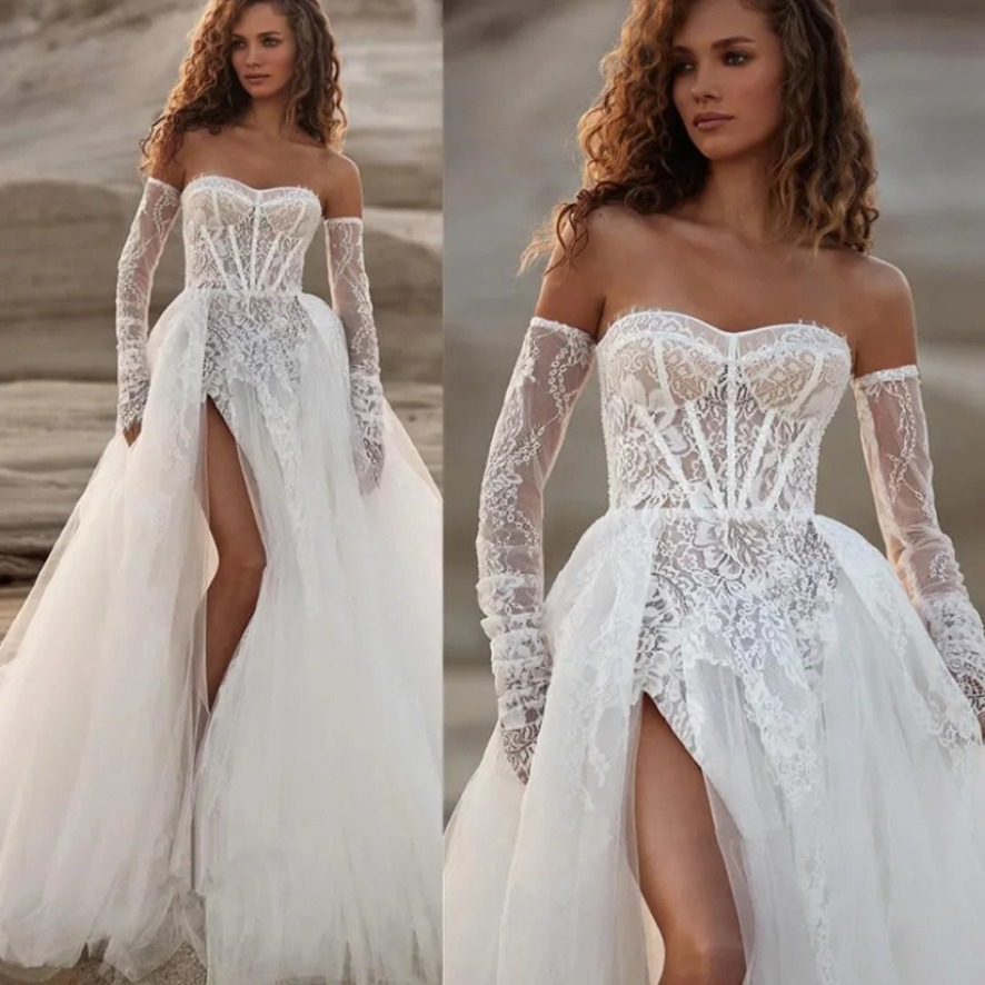 2025 Lace Laceter Robe de mariée de sirène sexy Simple High Side Split Saudi Arabe Sans manches Applique Robe Bridal Custom Made plus taille 0919