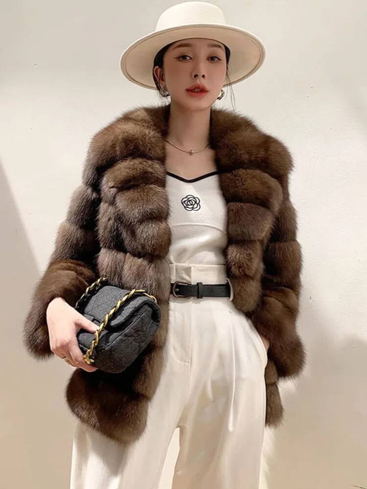ZADORIN Designer Mink Lapel Furry Brown Faux Coat Woman Clothes Winter Chic Elegant Fluffy Fur Jacket