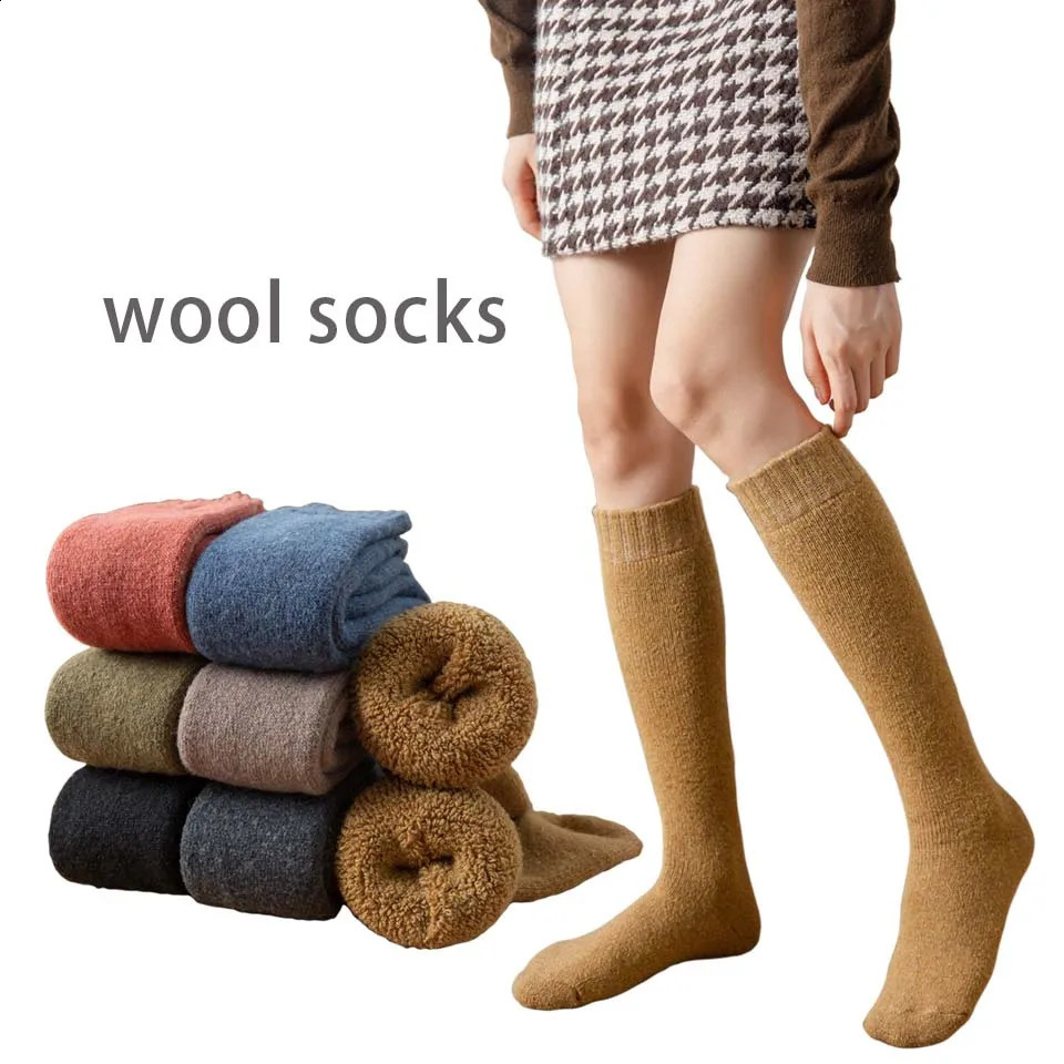 Winter Womens Merino Wool High Knee Long Socks Thick Warm Harajuku Retro Compression Female Cashmere Stockings 250919