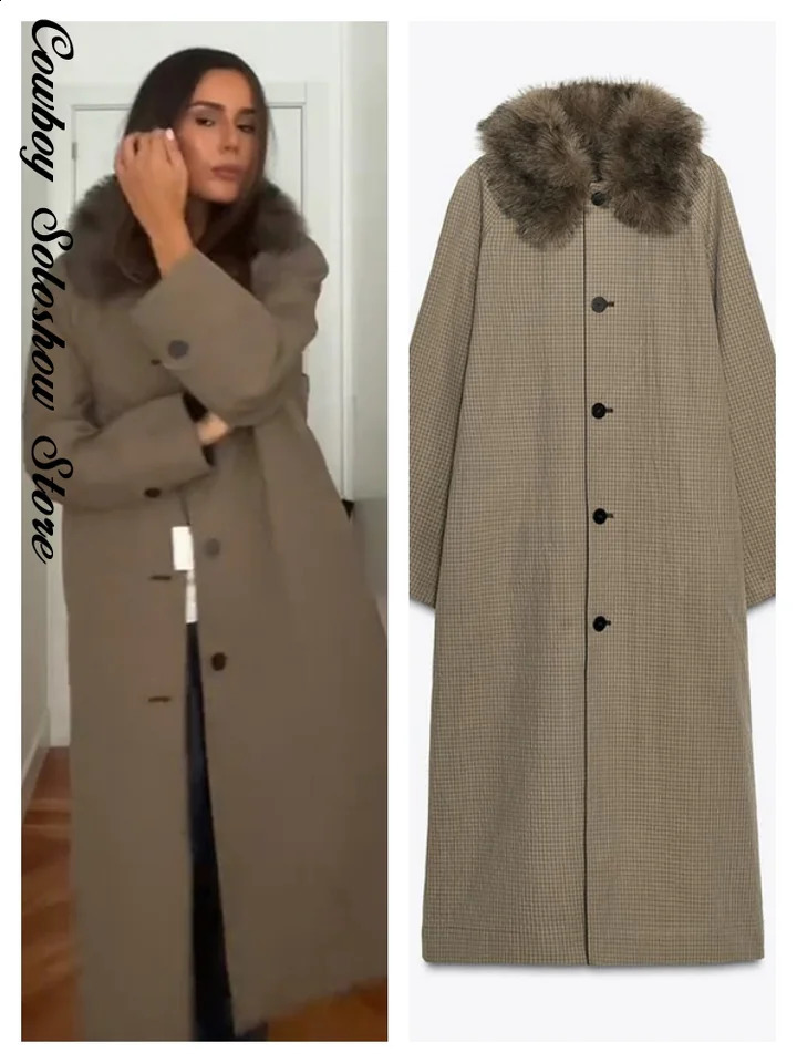 Chic réversible collier de fourrure Plaid à manteau long femme revers simple poitrine de poche à manches pleines à manches complètes