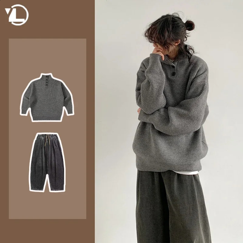 Autumn Retro Casual Mens Set Half High Neck Solid PulloverHip Hop Wide Leg Jeans Suits Japanese Street Male Twopiece 250919