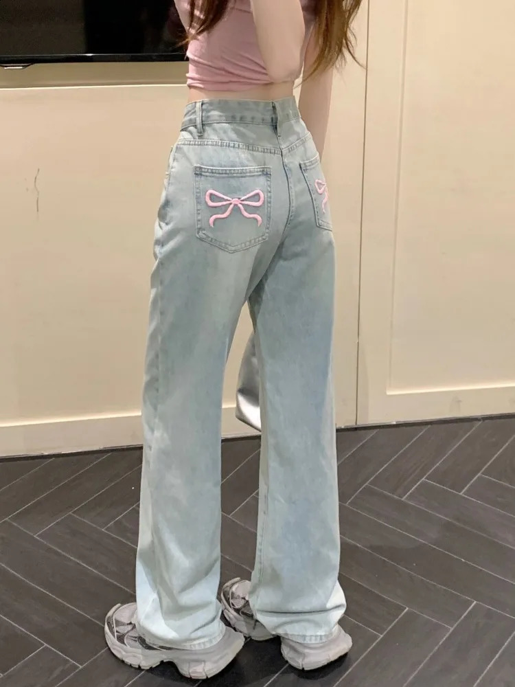 HOUZHOU Sweet Blue Jeans for Women Bow Embroidery Straight Denim Trousers Y2k Vintage Korean Style Baggy High Waist Casual 250919