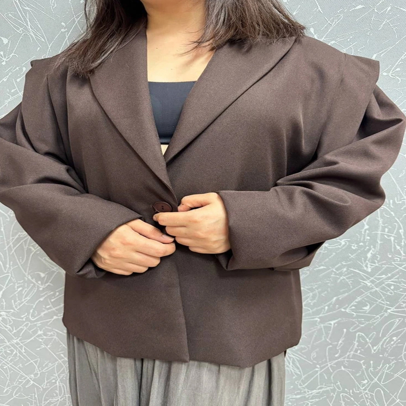 Loose Womens Brown Blazer Coats Lapel Full Sleeve Single Button Lace Up Spring Autumn Fashion Street Lady Jacket 250919