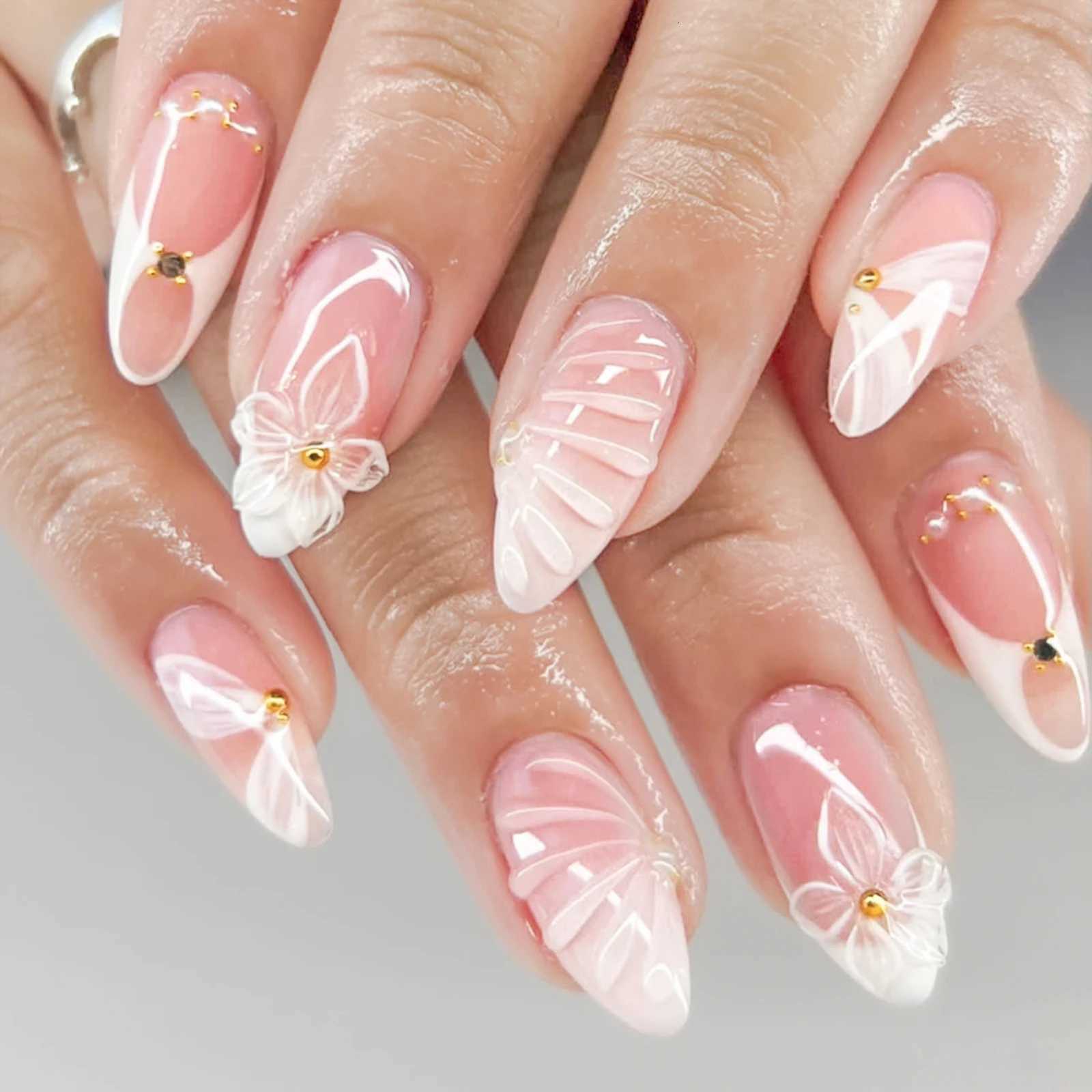 Classic French 3D Flowers False Nails 24pcs Medium Almond Press On Acyrlic Nails Elegant Artificial Nails With Designs Art Salon W250919
