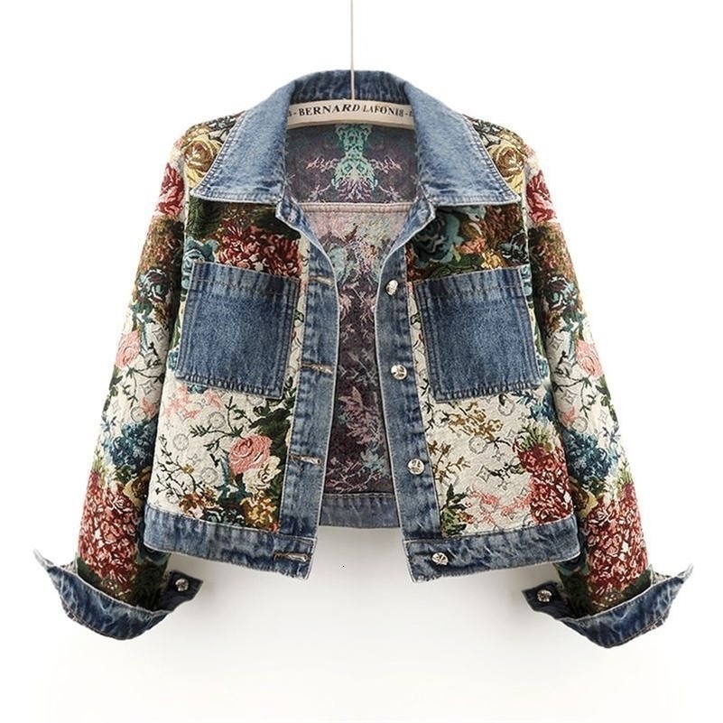 2025 printemps automne imprimé denim veste femme à manches longues tempérament revers épissage en denim manteau femelles femelles vache de vache