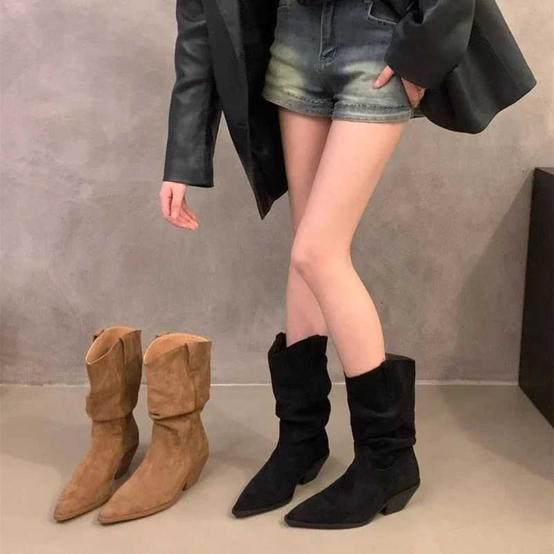 2025 Vintage Thick Heel Pointed Toe Women Western Cowboy Boots Autumn Winter Ladies Shoes Elegant Slip On Mid Calf Booties W250919