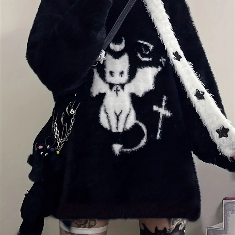 Harajuku Gothic Casual Oversized Knitted Jumpers Grunge Cartoon Sweater Fashion Knitwear Y2k Aesthetic Balack Loose Pullover250918