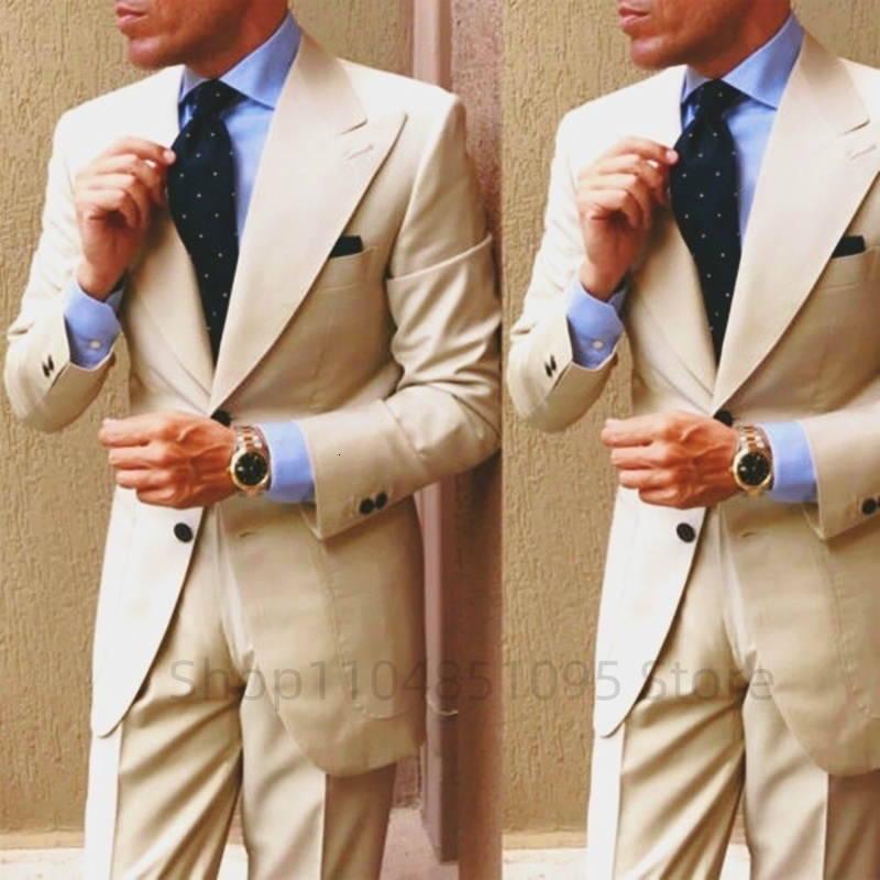 Formal Khaki Mens 2 Pieces Slim Fit Suit Set Two Buttons Lapel Jacket Pants for Party Prom Business Wedding Clothing 250918