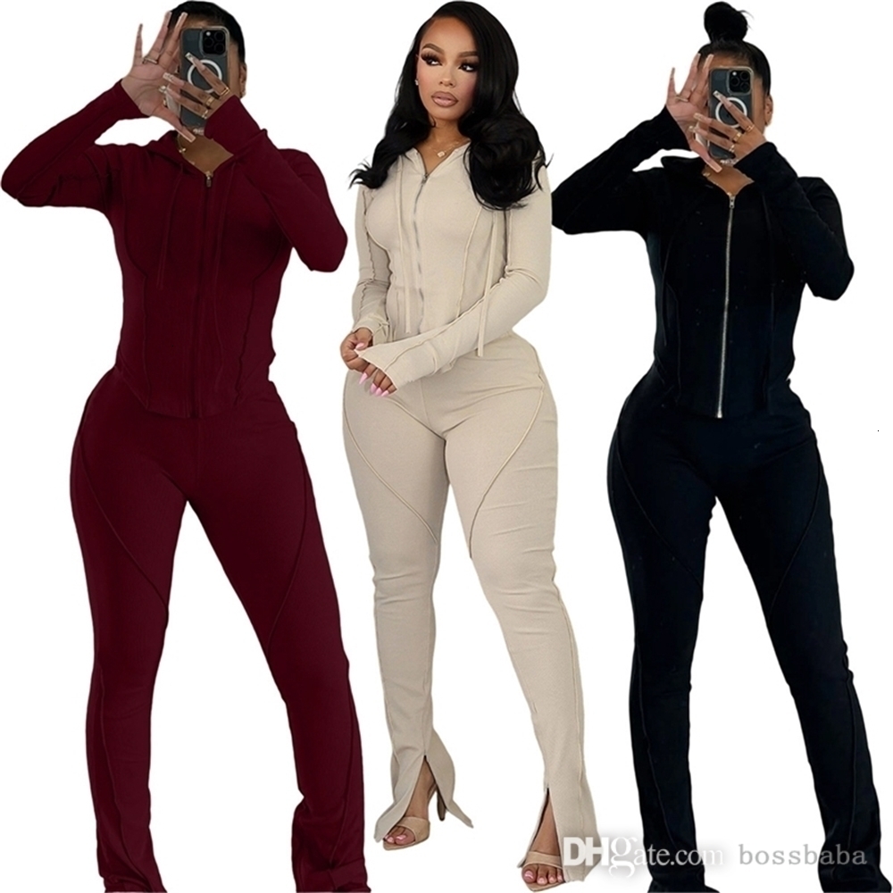 Fashion Womens Tracksuit Sporty Sweatsuit 2025 Autumn Winter Ribbed Two Piece Set Women Long Sleeve Hooded Sweatshirt Pants Casual Suit
