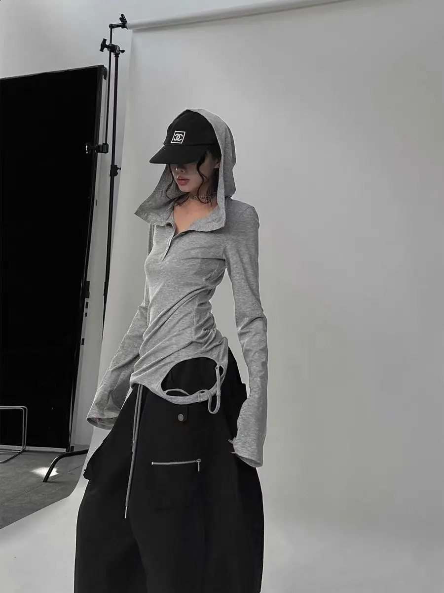 Gothic Y2K Tshirt à capuche esthétique Femmes GRUNGE LONGEEVE VINTAGE HARAJUKU PUNK BOUTON TSHIRT THIRT STREETWEAR SLIM TEES TOPS 250918