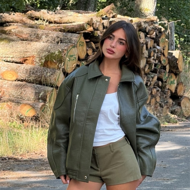 Army Green Pu Leather Bomber Jacket Women Vintage Loose Long Sleeve Zipper Pockets Coat Lady Daily Street Outerwears 2025 250918