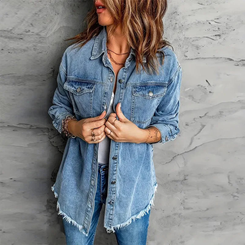 Selvedge Denim Overshirt Women Blue Vintage Button Front Shirt Heavyweight Raw Edge Layering Piece for Grunge Fall Fashion XXL 250919