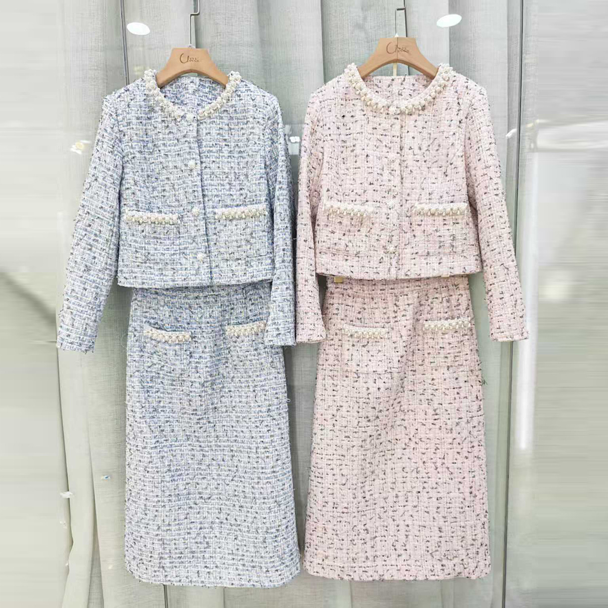 801 XXL 2025 Milan Style Autumn Brand Same Style Two Pieces Sets Blue Crew Neck Empire Long Sleeve Dress as