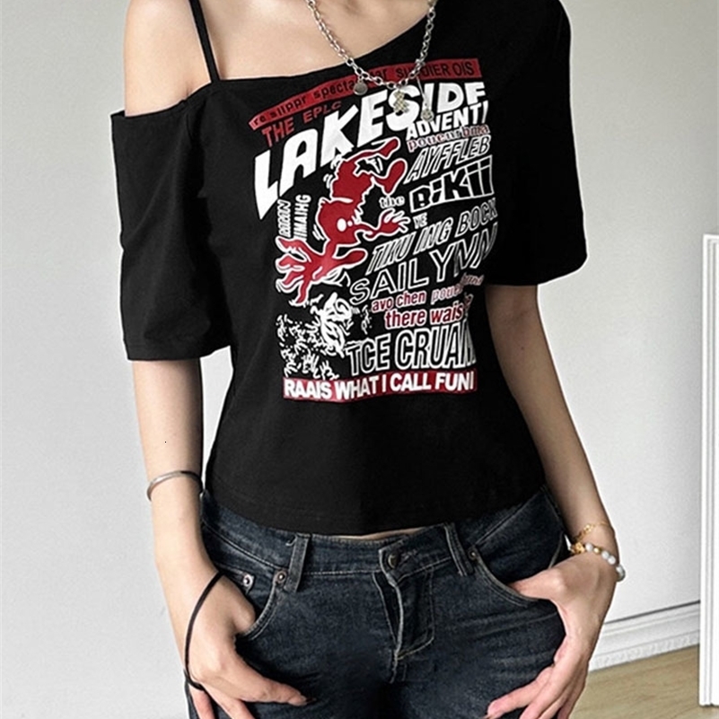Gothic Tee Y2k Letter Print Off Shoulder Punk Tshirts Women Harajuku Summer Streetwear Grunge T Shirt Aesthetic Sexy Crop Tops 250918