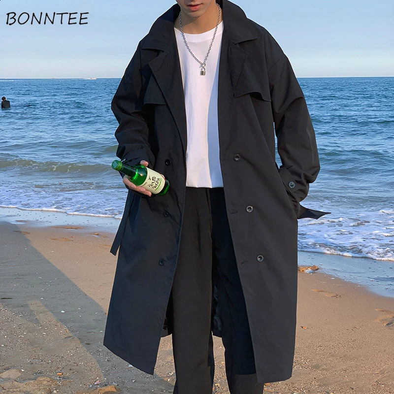 Men Trench Solid Double Breasted Simple Korean Style Allmatch Outwear Males Leisure Chic Loose Trendy Street Handsome 250919