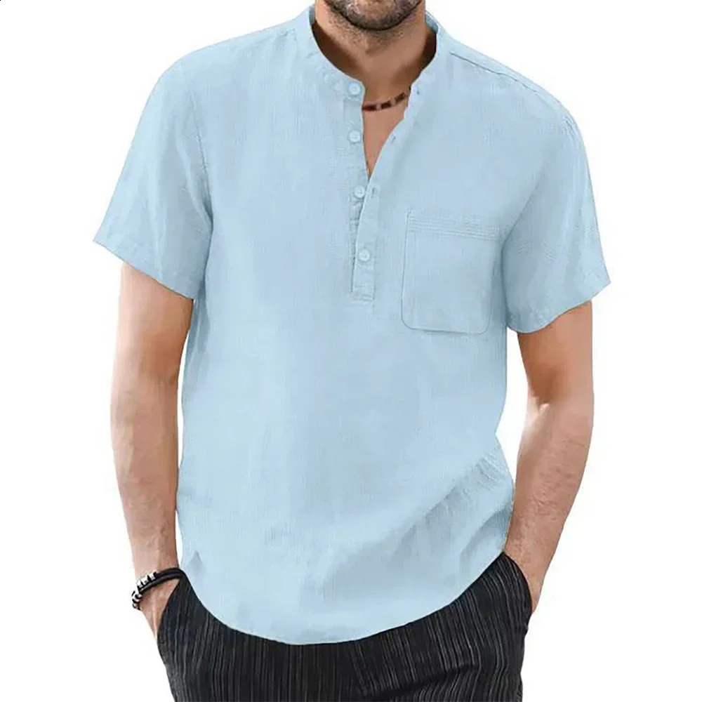 Mens Henley Collar Tshirt Summer Breathable Baggy Cotton Linen Short Sleeve T Shirts for Men Holiday Wear Tops 250919