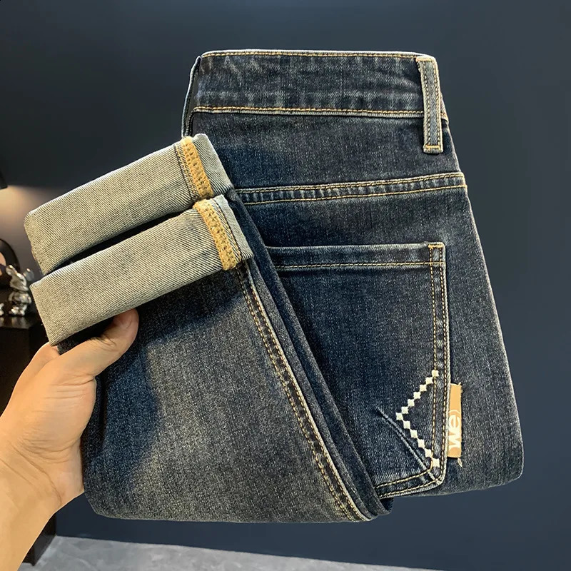 2025 blue tapered small leg jeans for mens autumn versatile fashion highend casual elastic slim fit pants 250919
