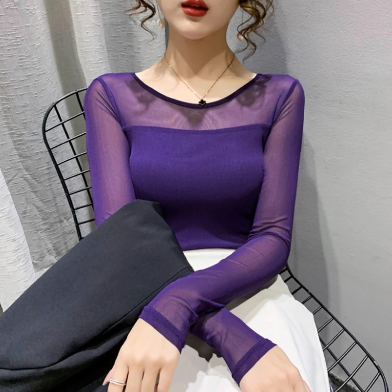 Autumn Winter Round Neck T shirt Women Sexy Mesh Bottoming Shirt Long Sleeve Solid Color Slim Fit Long Sleeve Casual Tops 250918