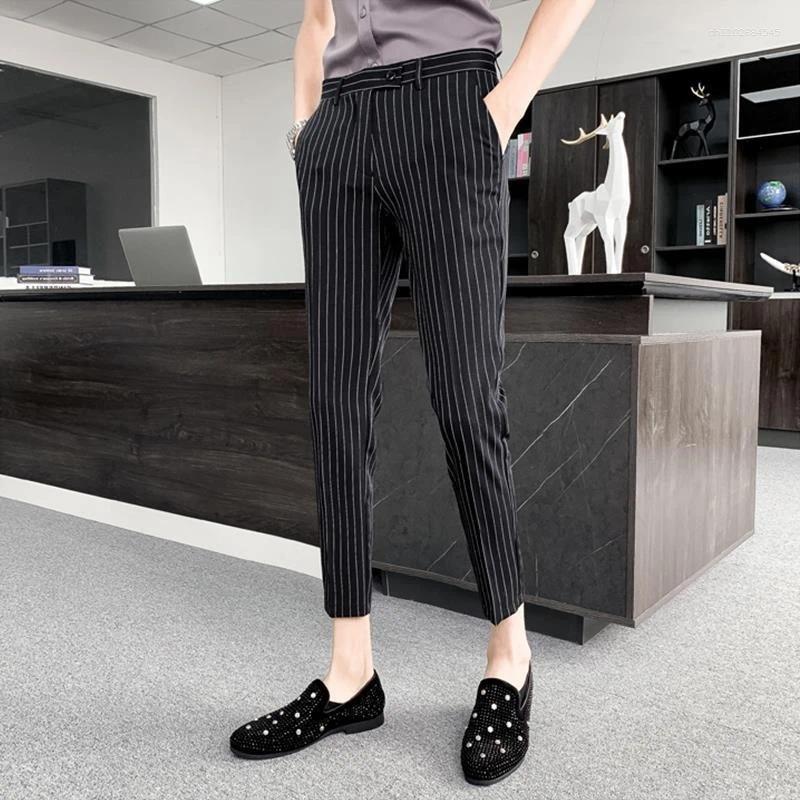 Men's Suits Silk 9 Cropped Pants Striped Korean Style Clothes Fabric Luxury Summer 2025 Fashion Up Male Suit Trousers