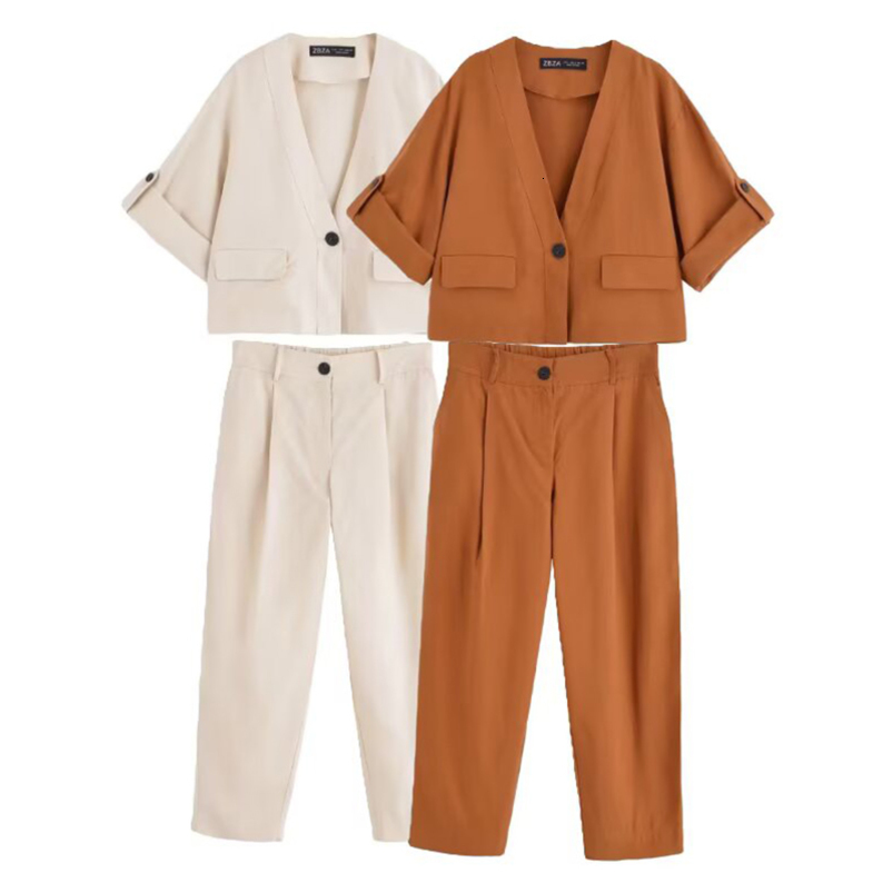 Pleated Pants 2 Pieces Sets For Women Short Sleeve V Neck Jacket High Waist Trousers Womens Suit Casual Woman Outfits 250919