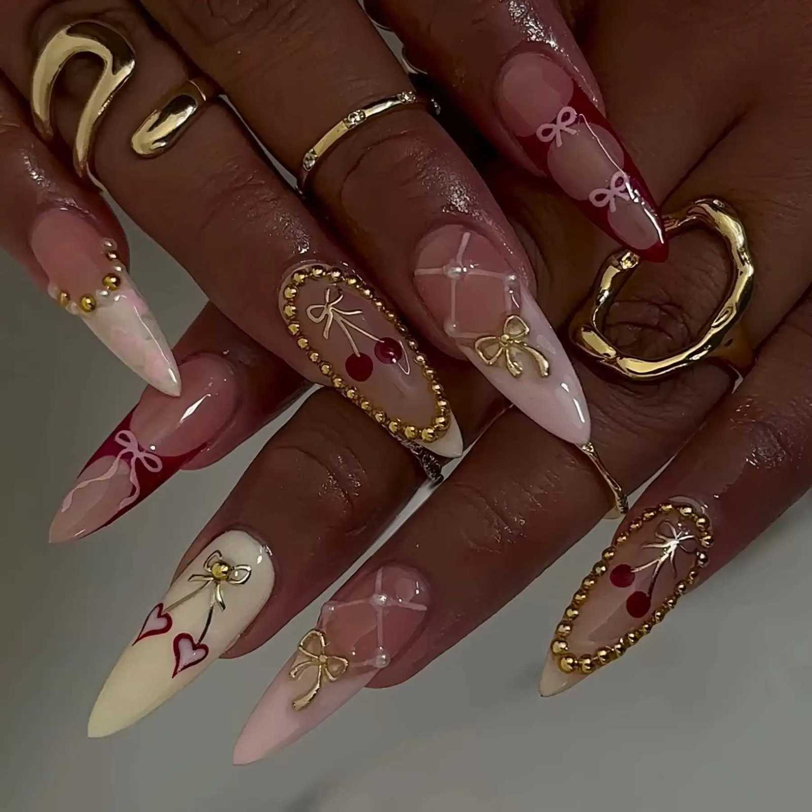 24pcs Long Almond Press on Nails Gold Bow Fake Nails Cherry Pattern False Nail Artificial Tips Uas Postizas W250919