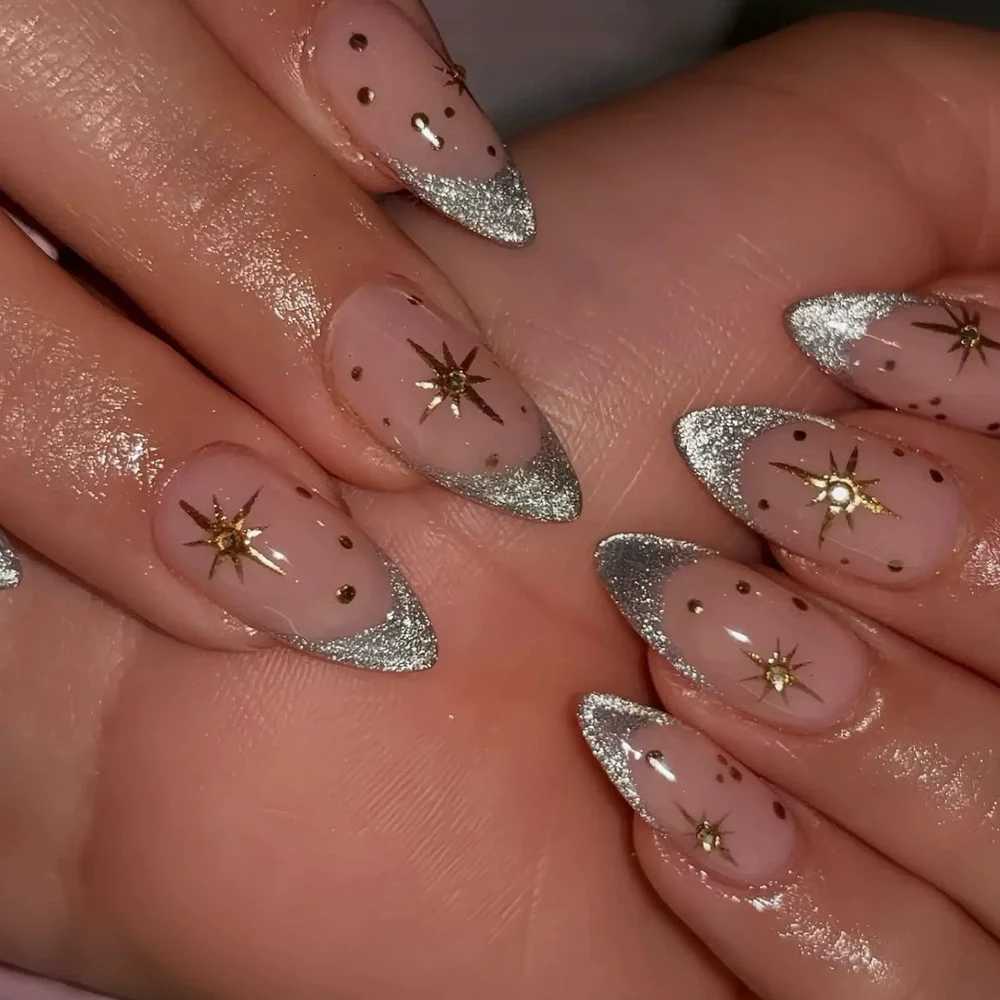 24pcs French Almond Press on Nails Golden Star False Nails Wearable Stickon Nails Fake Nail Uas Postizas W250919