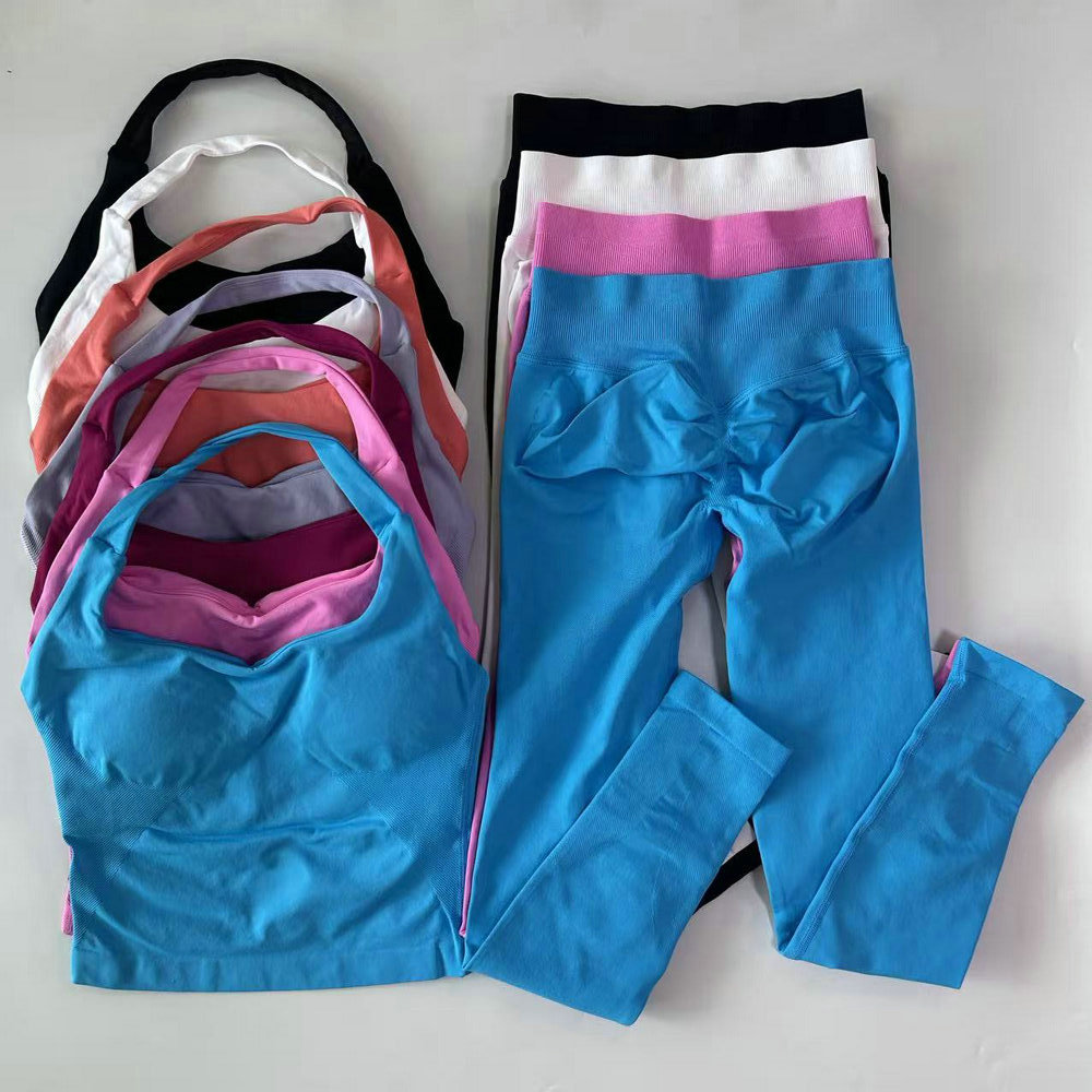 2 Pieces Women Gym Set Impact Halter Top Longline Built-in Bra With Removable Pads Yoga Bra Flexible Scrunch Mid To Low Ribbed Waistband Sport Leggi