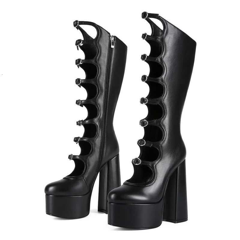 2025 New Trend Round Toe Thick Platform Chunky Heels Women Boots Solid Color Zipper Plus Size Ins Western Punk Sexy Gothic Shoes W250919