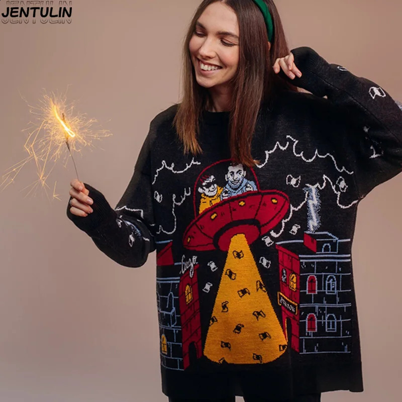 Y2k Hip Hop Streetwear Vintage Halloween EMO Harajuku Knitted Sweater Pullover Loose Retro Long sleeve Top Womens Winter Sweater 250919