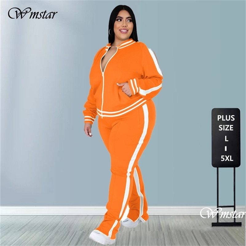 Plus Size L5XL Two Piece Set Women Sweatsuit Zip Striped Top Slit Sweatpants Jogger Outfit Matching Set Wholesale Drop 250918
