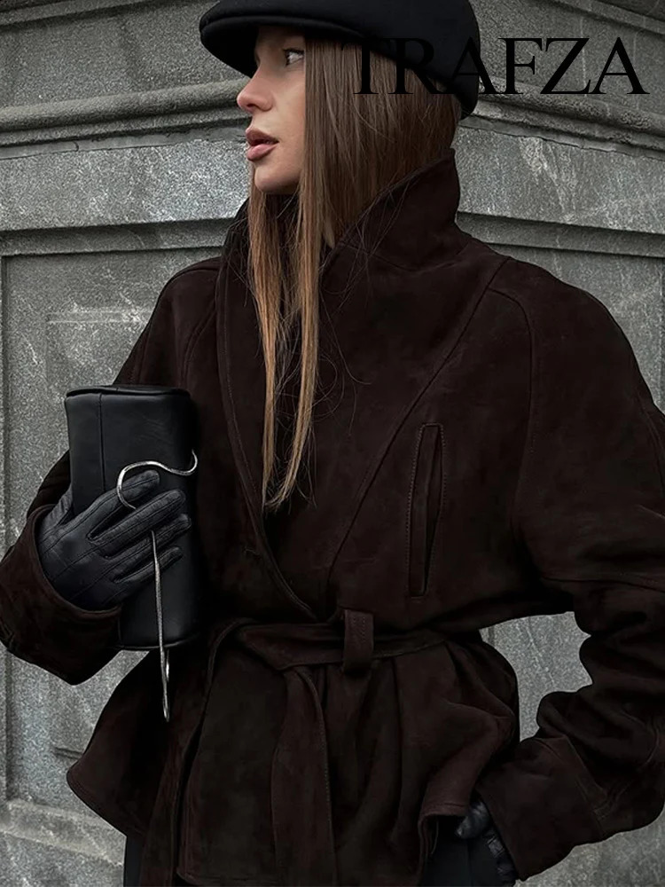 Femmes Automne Solid Abell ceinturé de poches à manches longues veste en daim féminin texture de rue Haute couches causales mujer 250919