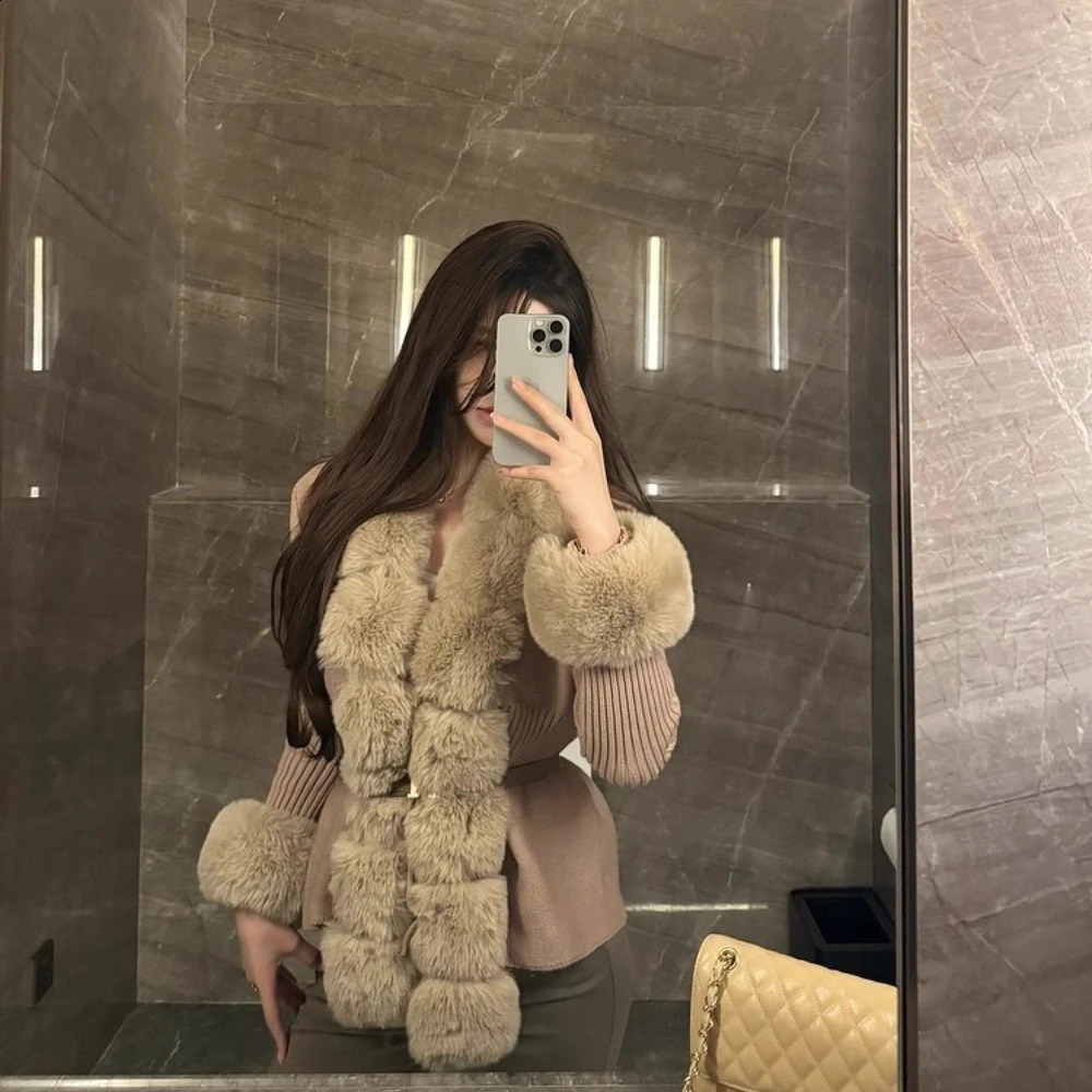 OFTBUY Faux Fur Coat Cardigan Detachable Collar Knitwear Woman Fur Jacket Artificial Fur Patchwork Knit Sweater Autumn Cardigan 250918