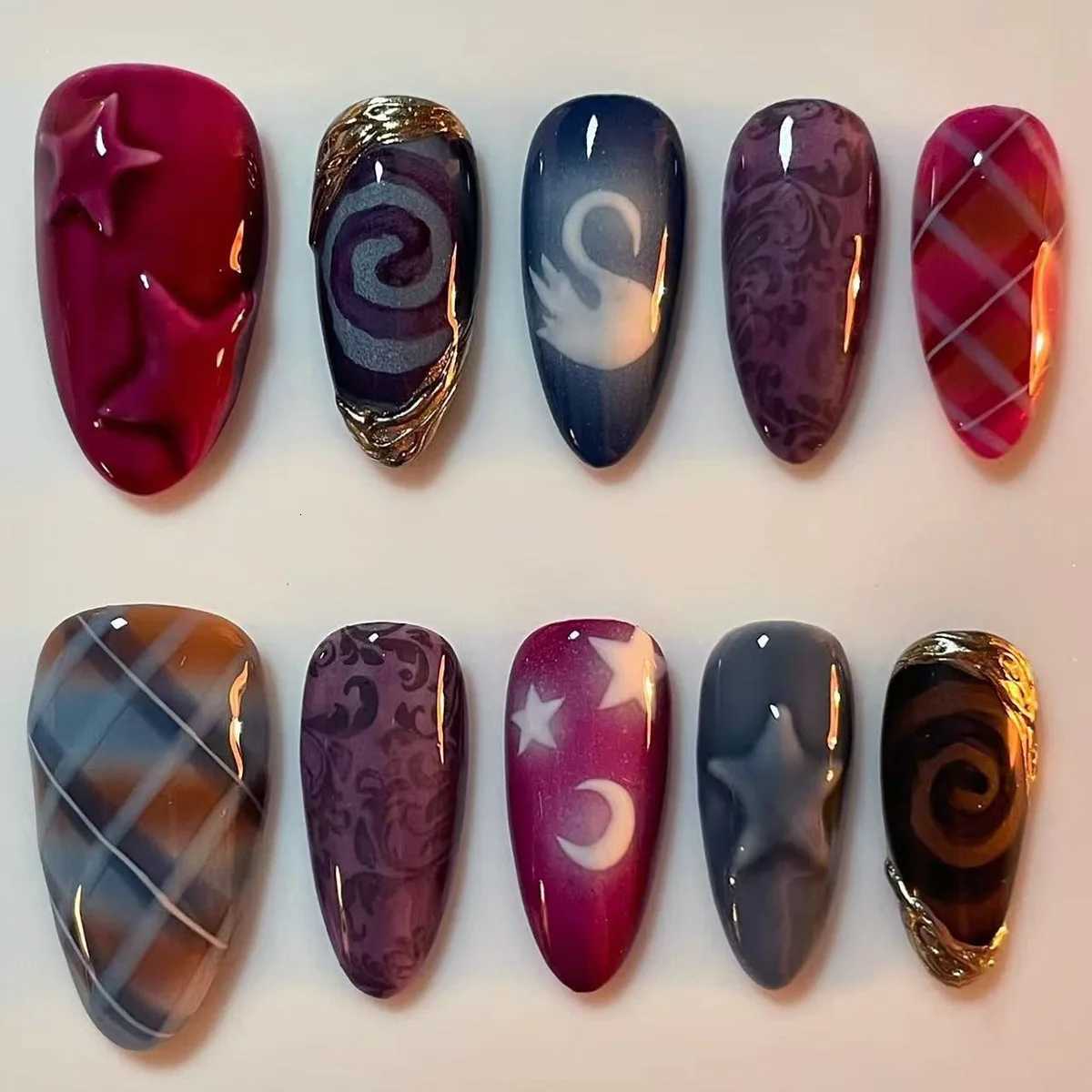 24PCS Sweet Cool Almond False Nail Set Dark Star Grid Pattern French Fake Nails for Spice Girls Wearable Press on Nails Finished W250919