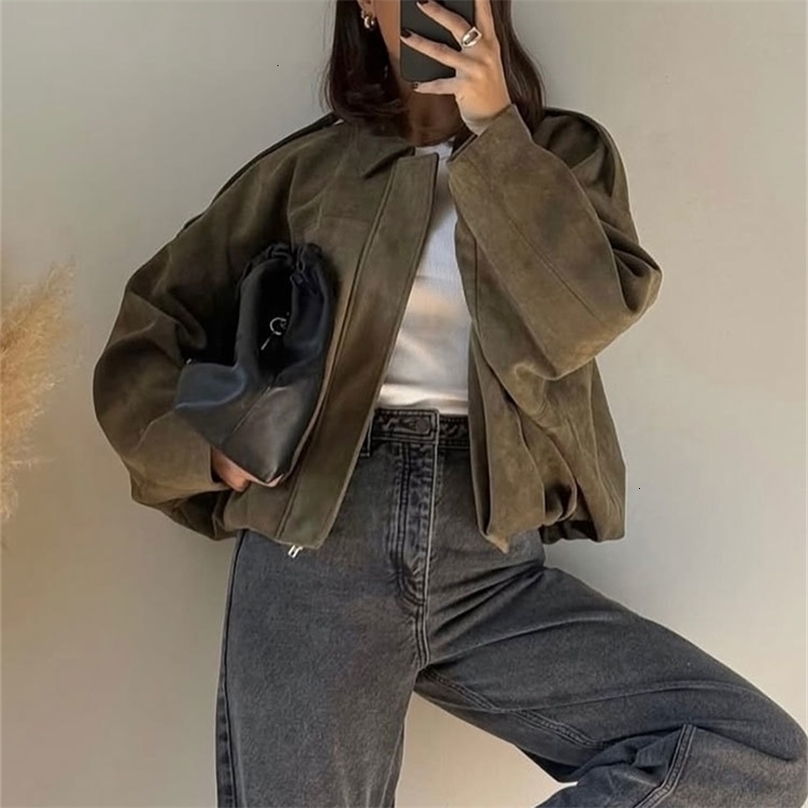 TRAFZA Women Brown Green Suede Jacket Loose Casual Bomber Coat Lapel Zipper Long Sleeve Jackets Vintage Lady Motorcycle Outwears250918ww