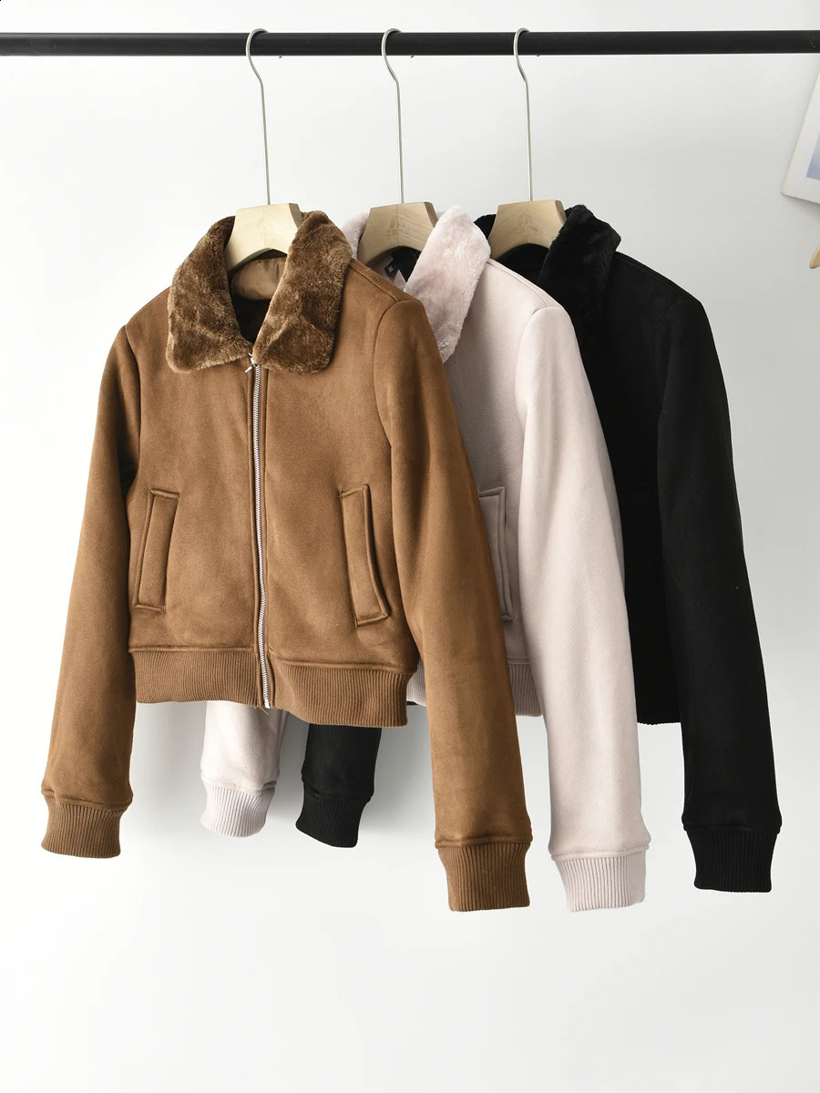 Womens Faux Lamb Fur Collar Jaet Winter Thiened Casual ort Sle Zipper Closure Color Straight Cut Biker Jaet 250918