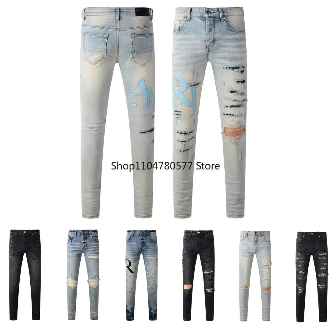 Americans Streetwear Distressed Vintage Mens Jeans Low Rise Stretch Skinny Button Fly Ripped Hold Pants250918