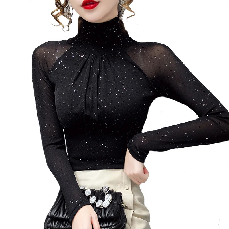 Korean fashion Women Mesh top High neck Sexy Black bottoming t shirt Casual Bright silk Lady shirt Blusa 250918
