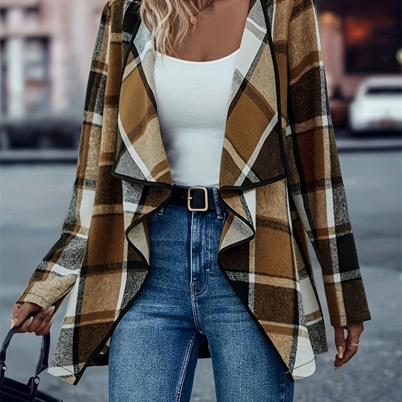 Women Plus Size Woven Open Front Long Sleeve Checkered Pattern Casual Jacket Classic Plaid Outerwear for Spring Autumn y250918