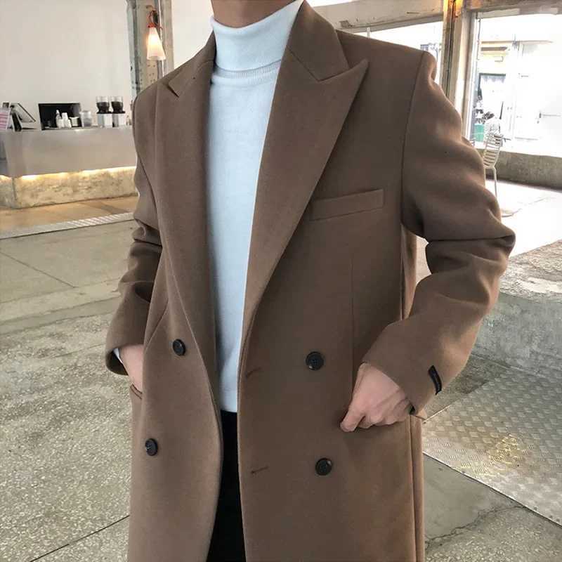 Mens Autumn Winter Mid Length Woolen Coat New Korean Tide Black Thickned Overcoat Long Sleeve Doublebreasted Jackets X250919