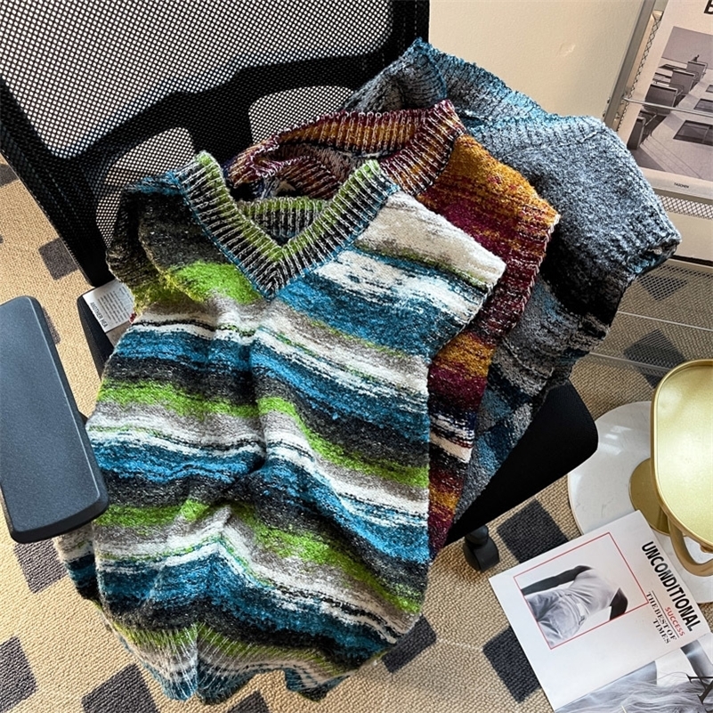 American Retro Gradient Striped Sweater Vest For Men And Women Autumn College Lazy Style Sleeveless Knitted Coat Tops 250918