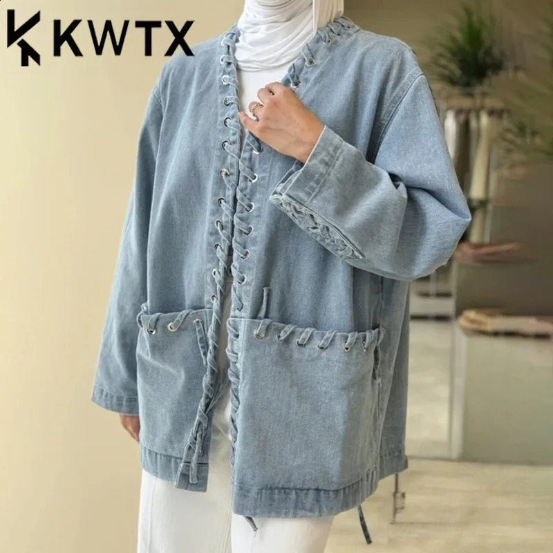 KWTX Womens Blue Denim Jacket SS Vintage Chic VNeck Tie Belt Pocket Casual Elegant Luxe Comfort Spring Summer Lightweight 250919