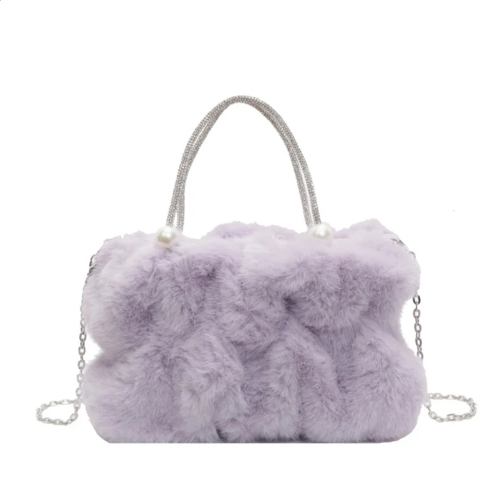 Korean Style Women Plush Shoulder Bag Solid Color y Chain Winter Fluffy Handbag TopHandle Soft Faux Fur Crossbody Bag 250911