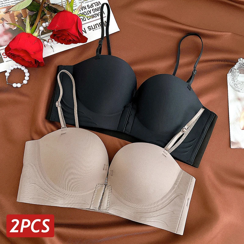 2PCSSet Front Closure Bras Womens Seamless Strapless Sexy Underwear Female Thick Push Up Brassiere Invisible Soft Lingerie 250919