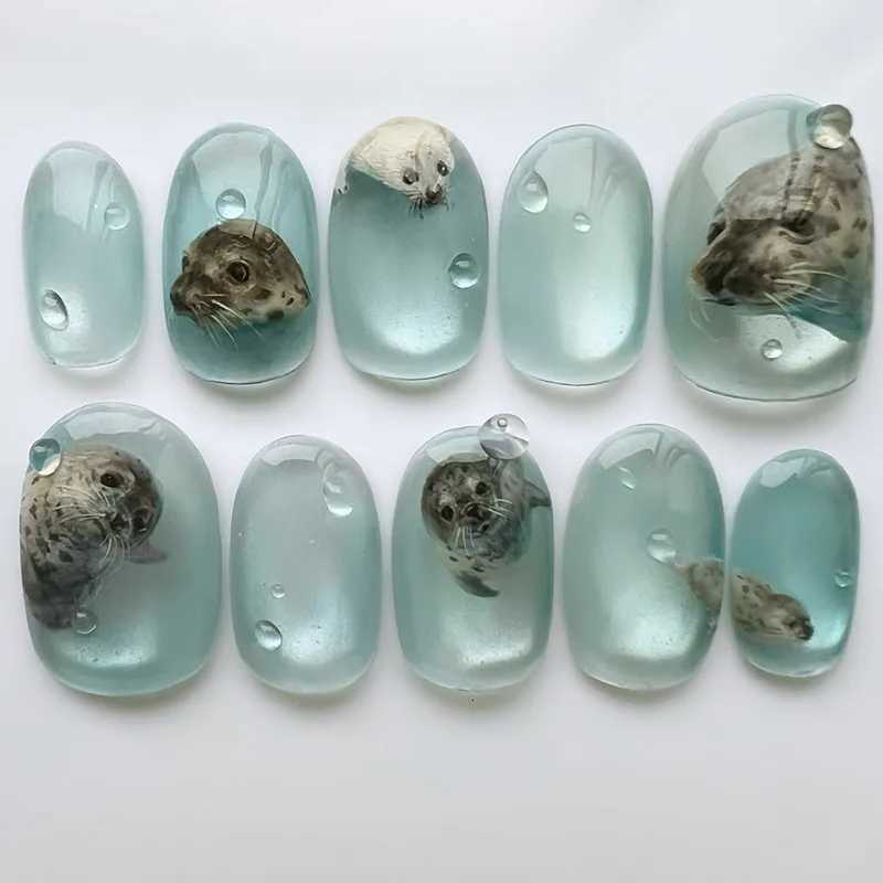 24Pcs Short Round Head False Nails Blue Cats Eye Press on Nails Tips Seal Pattern Wearable Artificial Fake Nail Wholesale W250919