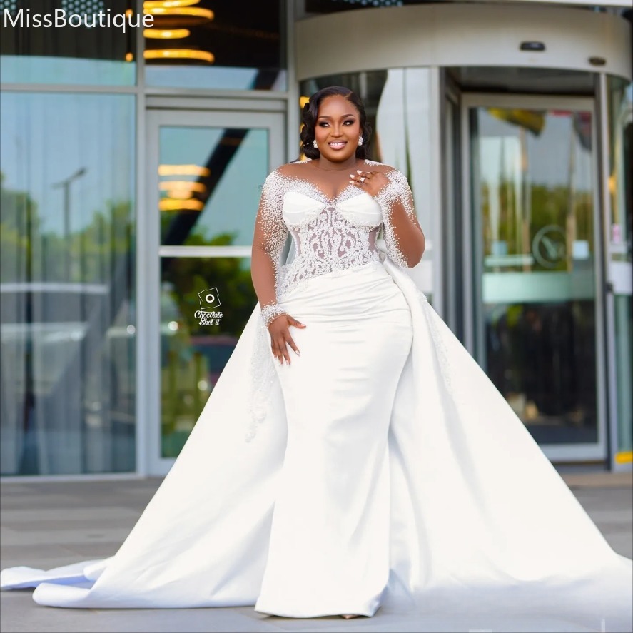 2025 ASO EBI plus taille Blanc Robes de mariée sirène en dentelle en dentelle en dentelle en dentelle en satin détachable robes de mariée satin 0