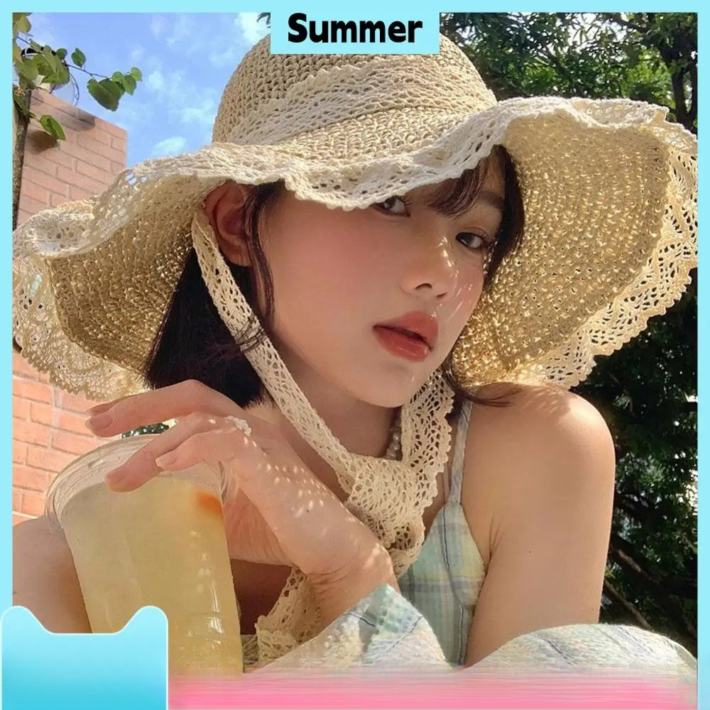 Lace Women Summer Hollow Straw Outdoor Travel Sun Beach Sunscreen Hat Sweet Fisherman's Cap ddmythur