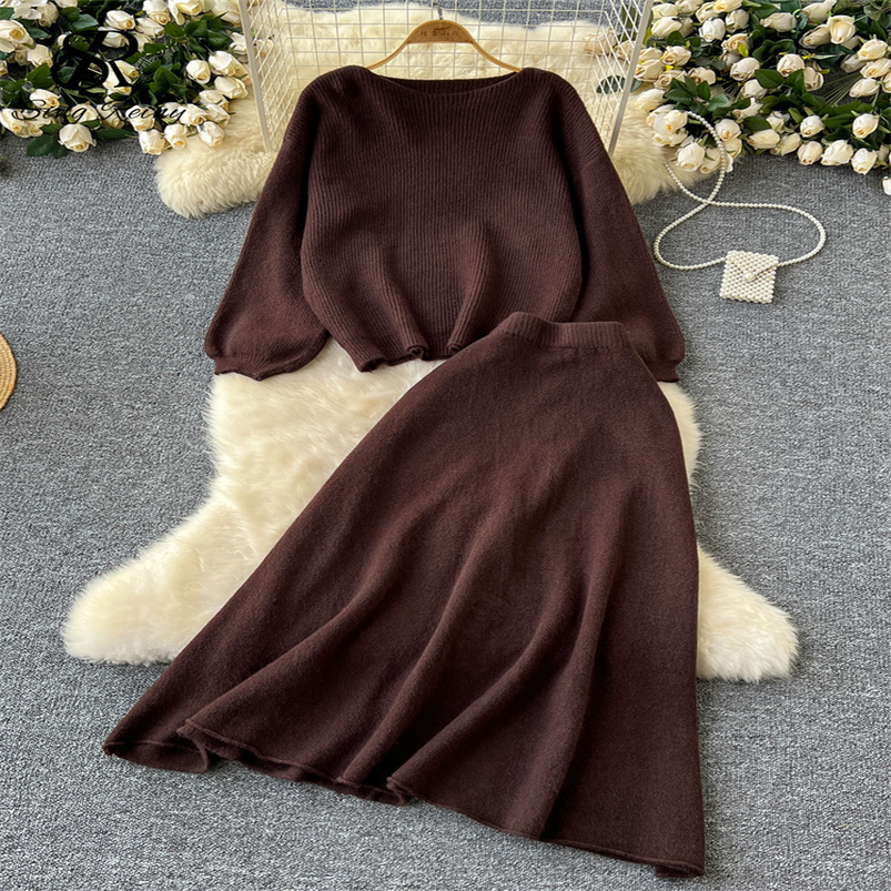 SINGREINY Autumn Casual Two Pieces Sets Women ONeck Loose Knitting TopElastic Waist Large Swing Skirt Basic Korean Winter 250919