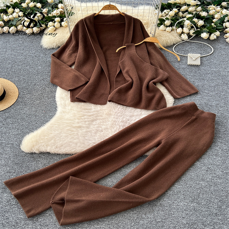 SINGREINY Winter Homewear Casual Women Suits Autumn Knit CardigansWide Legs Long Pants Ins Solid Loose Warm Three Pieces Sets 250919