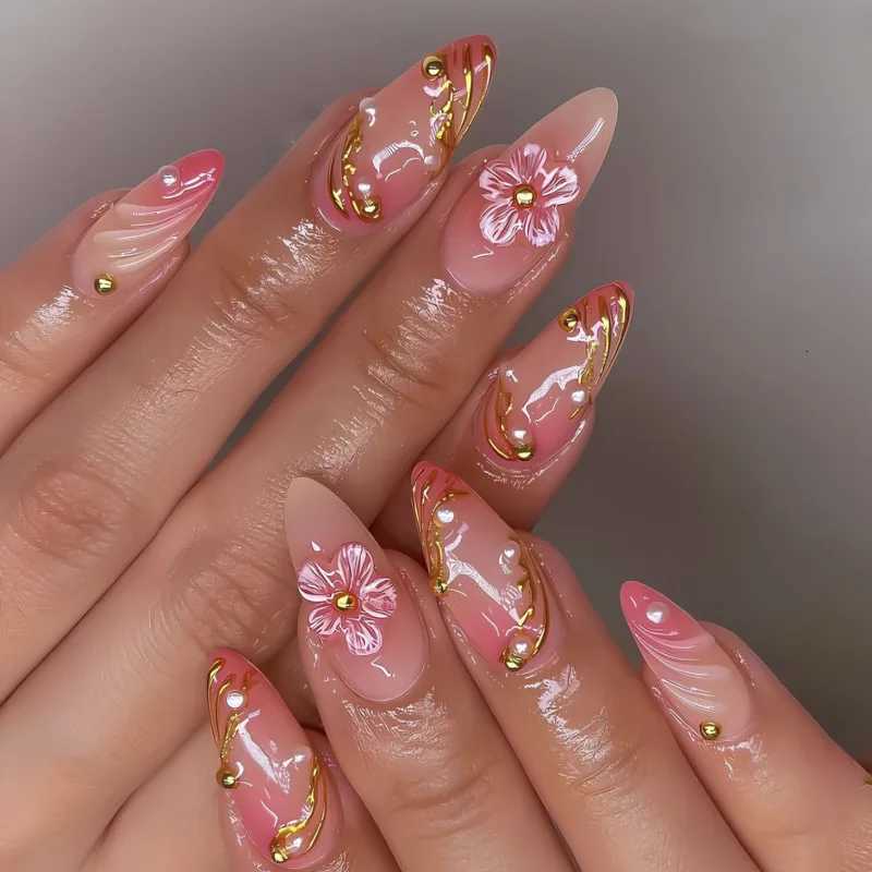 24PCS Pink Blush Almond Press on Nail 3D Flower with Golden Lines Pearl Decorations Fake Nails for Women Wearable False Nail Set W250919