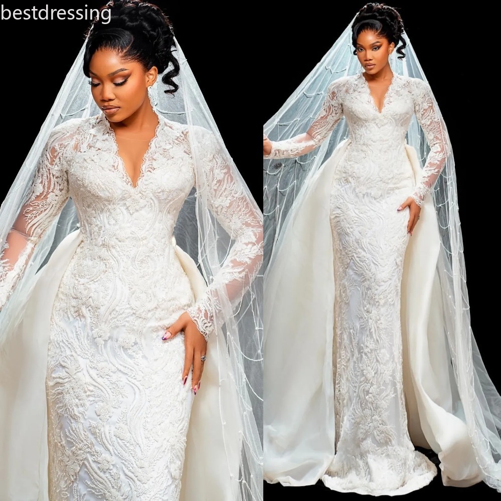2025 Arabic Aso Ebi Plus Size Ivory Lace Wedding Dresses Royal Full Sleeves Beaded Detachable Train Deep V-neck Bridal Gowns Dress For Brides 0919